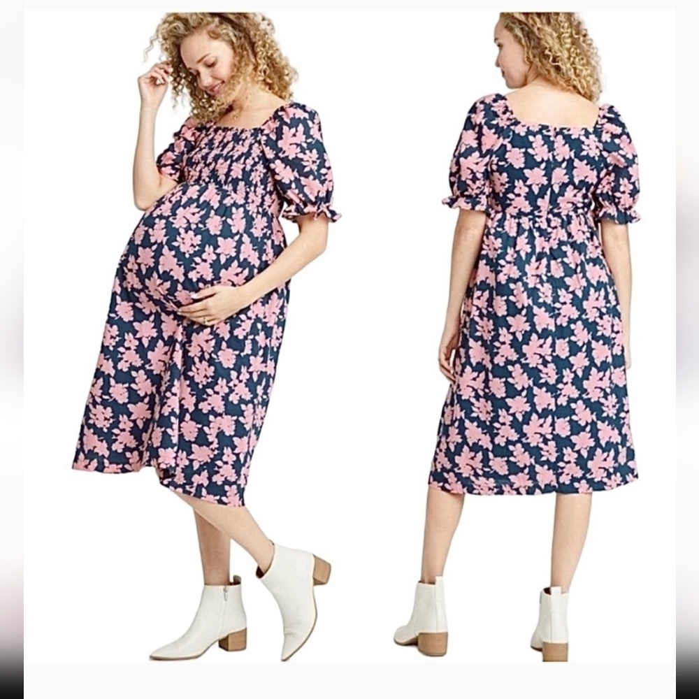 Hatch Maternity Floral Maxi Dress Empire waist smocked Puff Sleeve XS Blue pink